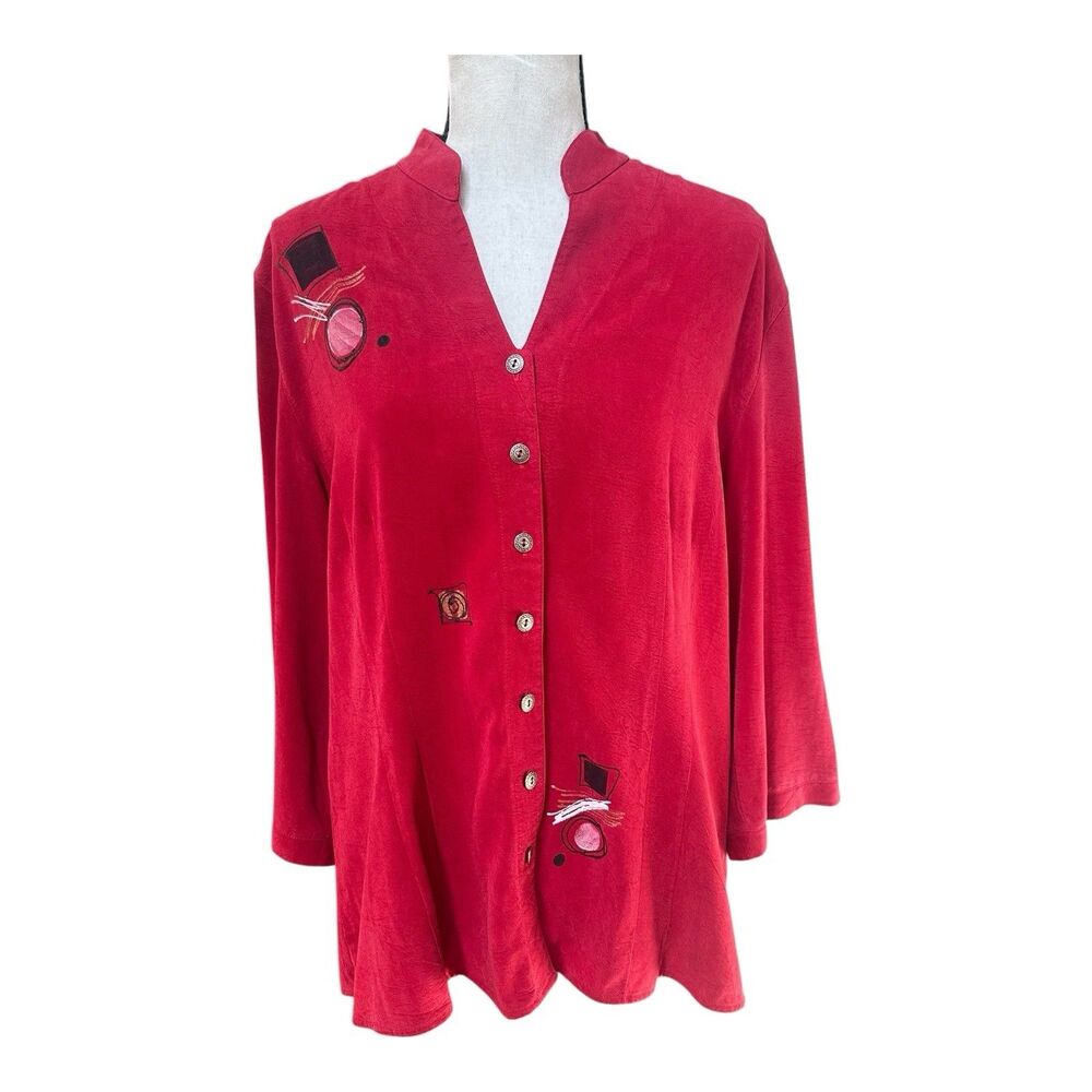 Vintage Tianello Red Tencel Rayon Hand-Painted Embroidered Button Front Blouse L